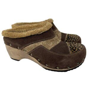 Y2K Clogs Shoes Womens Size 8.5 Wooden Heel Studded Animal Print Boho Hippie